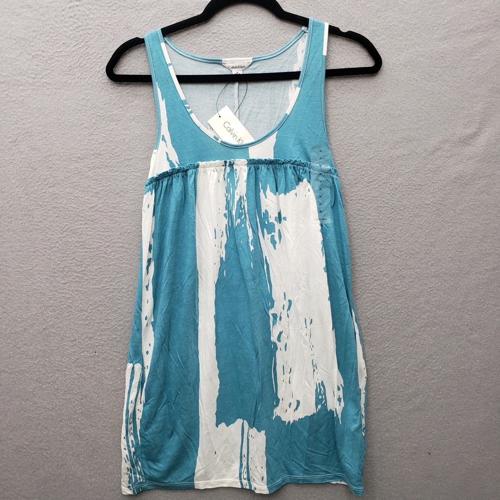 Calvin Klein Sleeveless Sundress Aqua Cream Color Splotch Coastal Vacation M NWT
